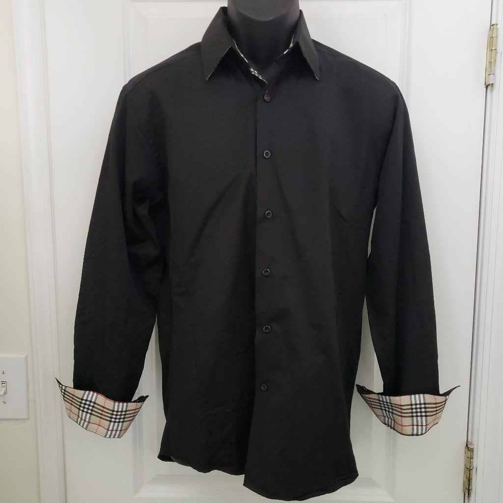 Sloan Mens Button Front Shirt Black Long Sleeve Spread Collar Flip Cuff L